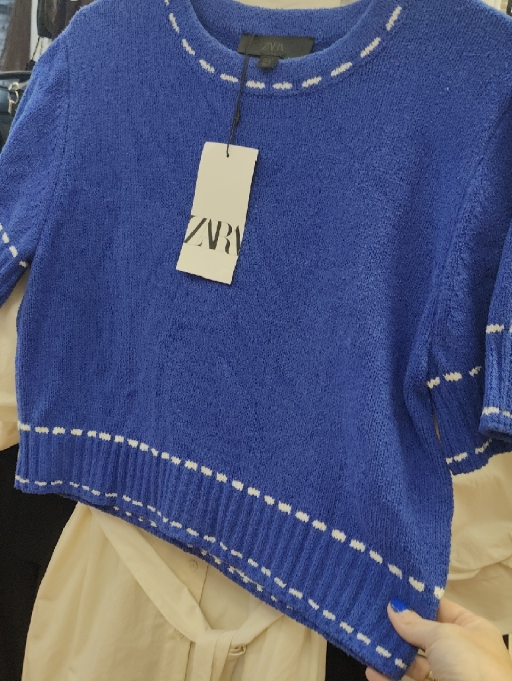 Zara Royal Blue Short Sleeve Knit Top with White Stitching - Picture 4 of 7